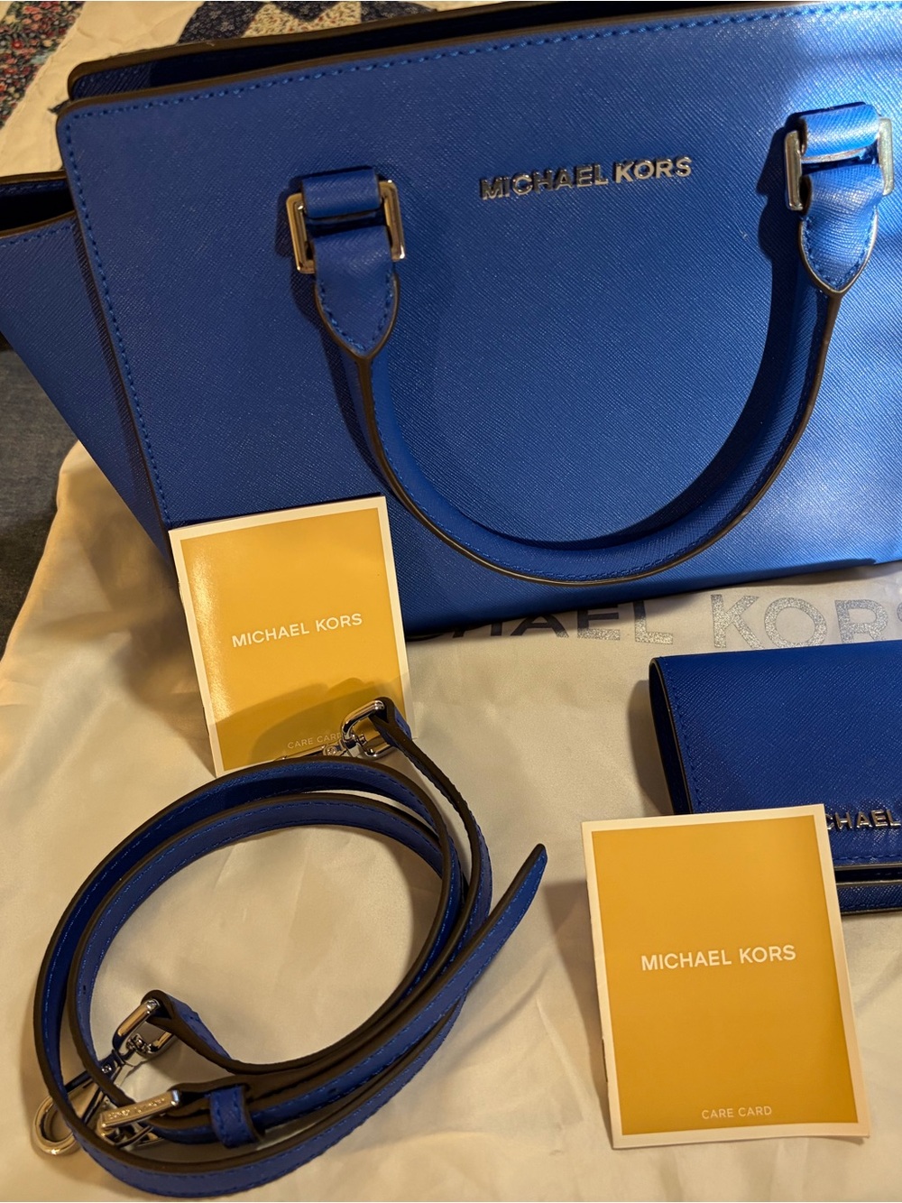 Michael Kors Blue Saffiano Leather Satchel with Removable Strap